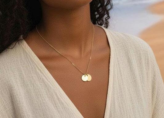 Collar Doble Colgante Disco (45cm) - Acero Inoxidable Chapado en Oro 18K Pulido para ella