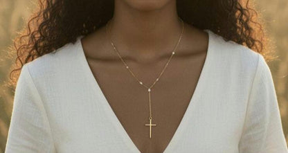 Collar Lariat Y de Labios Oro 18K Acero Inoxidable - colgante Cruz Espejo y Zircón Brillante - Regalo Elegante para ella