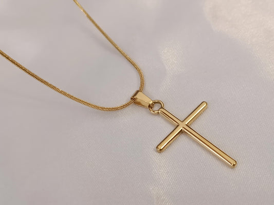 Collar con cruz liso acero inoxidable oro bañado 18K regalo para ella