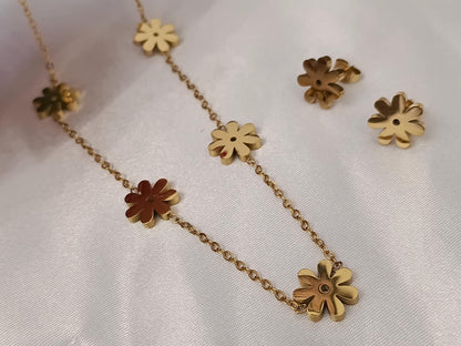 Conjunto de joyas collar de flores crisantemos en Acero Inoxidable con Baño de Oro 18K - Collar y Pendientes a juego regalo para ella