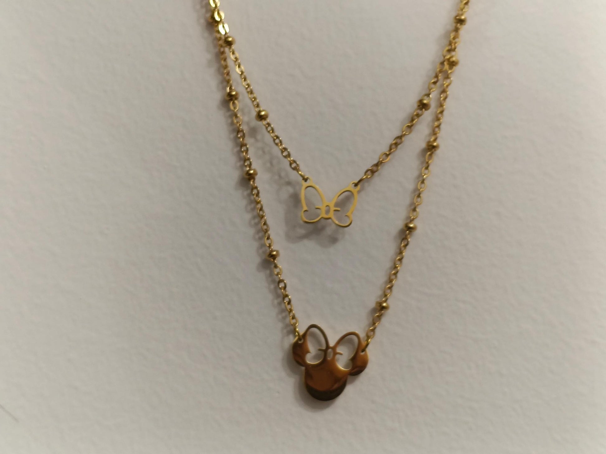 Collar de Doble Capa con Colgante de Ratón Efecto Espejo en Oro 18K (PVD) - 50cm mas extension para mujeres