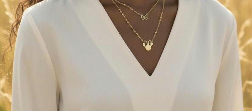 Collar de Doble Capa con Colgante de Ratón Efecto Espejo en Oro 18K (PVD) - 50cm mas extension para mujeres