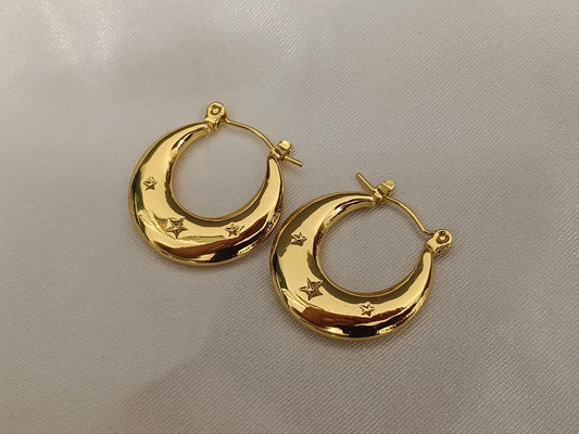 Pendientes de aro con estrellas de estilo italiano, acero inoxidable con baño de oro de 18K y efecto espejo regalo para ella
