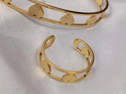 Conjunto de joyas - Brazalete y Anillo ajustable de Corazón Ahuecado, Acero Inoxidable con Baño de Oro 18K (Efecto Espejo) regalos para ella