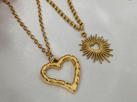 Collar de Acero Inoxidable Oro 18K colgante corazon y sol 40cm + Extensión 5cm (17.7"+2") para mujeres