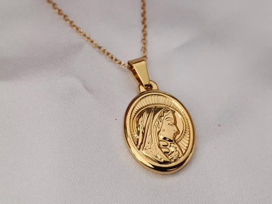 Collar de Acero Inoxidable Oro 18K colgante de maria medalla con corazon 40cm + Extensión 5cm (16"+2") para mujeres