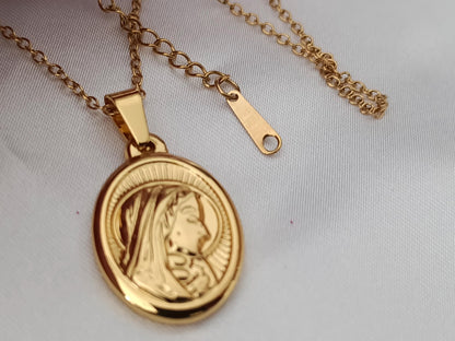 Collar de Acero Inoxidable Oro 18K colgante de maria medalla con corazon 40cm + Extensión 5cm (16"+2") para mujeres