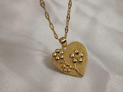Collar de Acero Inoxidable Oro 18K colgante de medalla corazon con flores 40cm + Extensión 5cm (16"+2") para mujeres