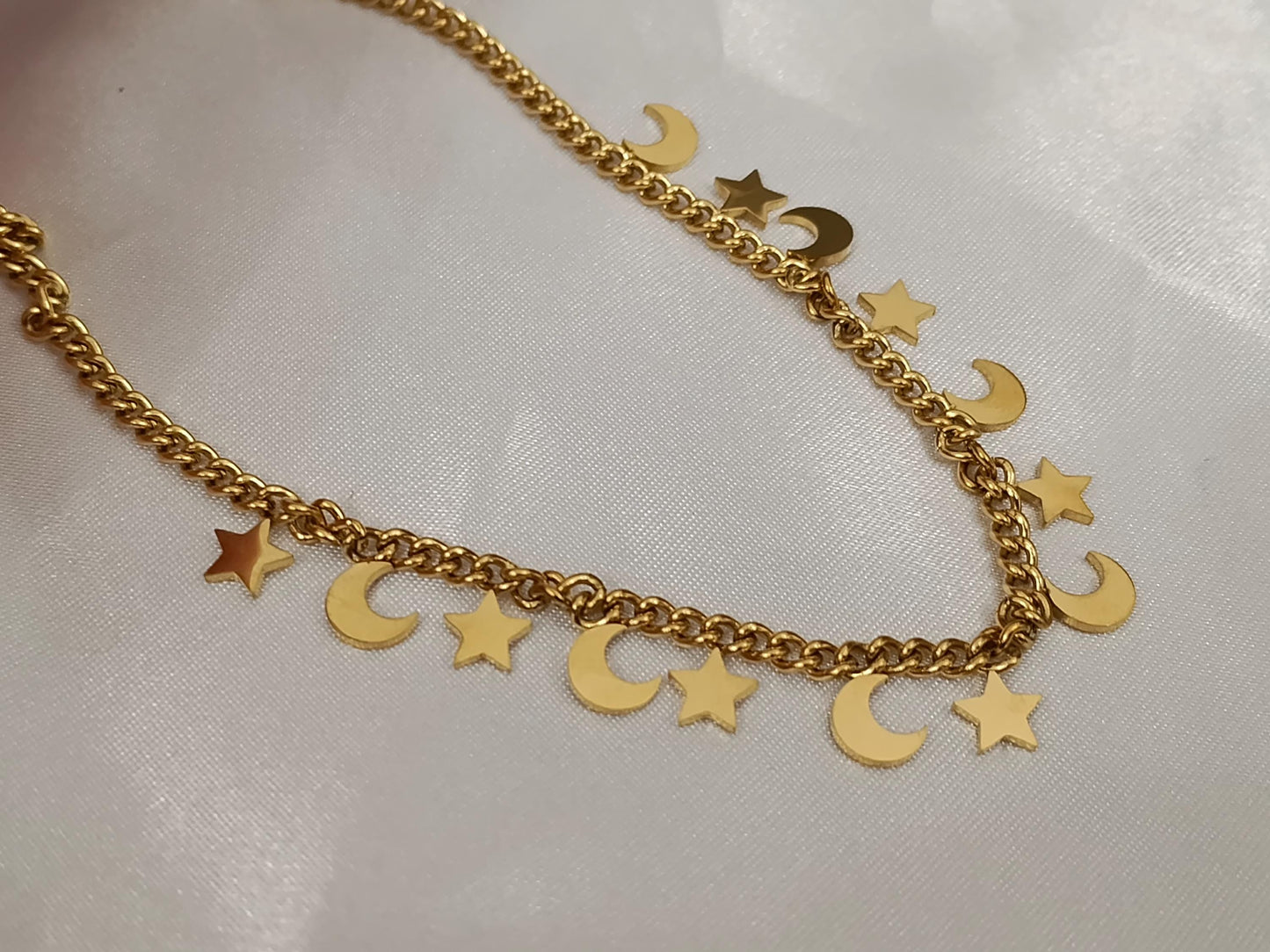 Collar de Acero Inoxidable 18K Oro Gargantilla con cuentas de luna y estrellas Efecto Espejo para mujeres