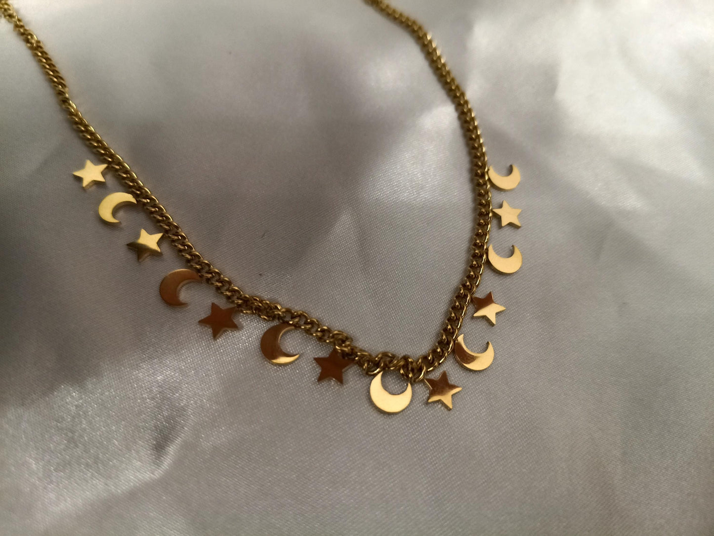 Collar de Acero Inoxidable 18K Oro Gargantilla con cuentas de luna y estrellas Efecto Espejo para mujeres