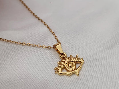 Collar con colgante de ojo de diablo en Oro de 18K (Baño PVD) acero inoxidable- Cadena de 16"+extension 40cm