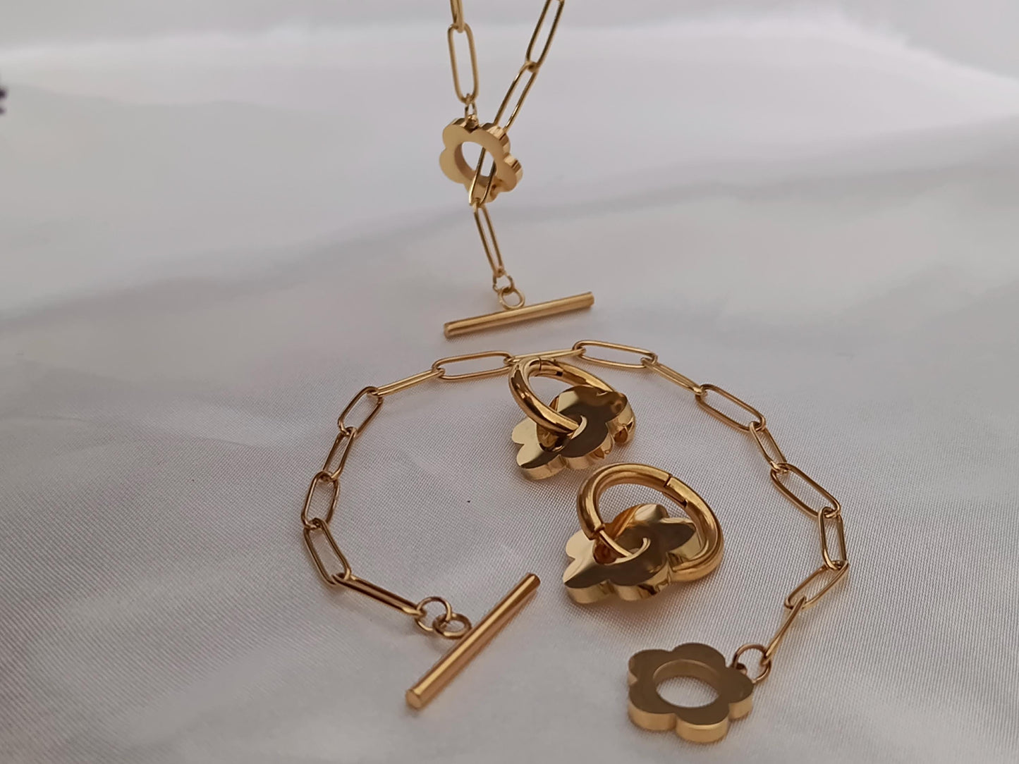 Conjunto de joyas Acero Inoxidable Oro 18K collar +pulsera + pendientes aros a juego para mujeres