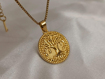 Collar Árbol de la Vida en Oro de 18K (PVD) - Medalla de Acero Inoxidable - 16" + 2" -40cm+5cm extension regalo para ella