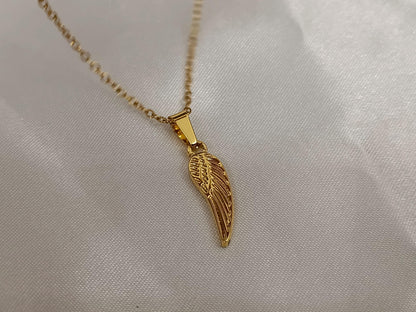 Collar de pluma,medalla, cruz,y corazón acero inoxidable oro bañado 18K 40cm más extensión de 5cm para mujeres