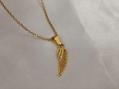 Collar de pluma,medalla, cruz,y corazón acero inoxidable oro bañado 18K 40cm más extensión de 5cm para mujeres