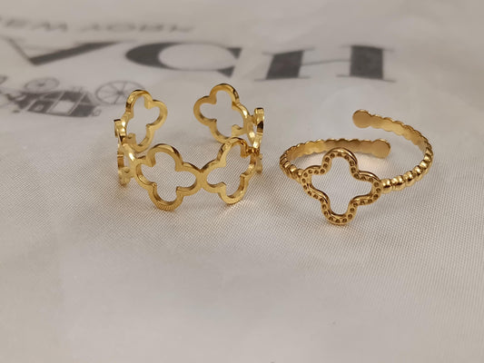 Par de Anillos Ajustables trébol en Acero Inoxidable con Baño de Oro 18K regalos para ella