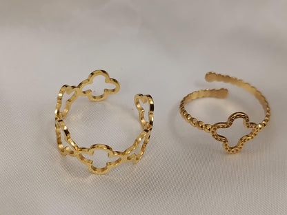 Par de Anillos Ajustables trébol en Acero Inoxidable con Baño de Oro 18K regalos para ella