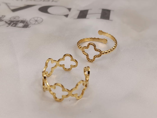 Par de Anillos Ajustables trébol en Acero Inoxidable con Baño de Oro 18K regalos para ella