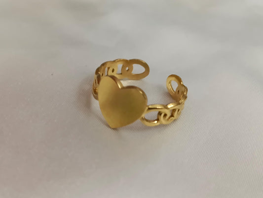 Anillo Abierto Ajustable corazón grande- Acero Inoxidable - bañado en oro 18K para ella