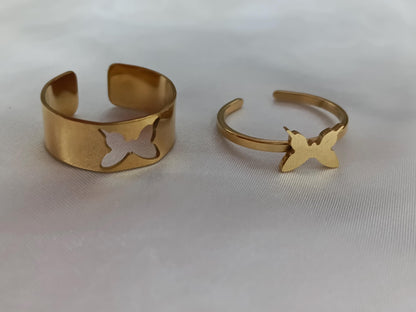 Par de Anillos Ajustables mariposas en Acero Inoxidable con Baño de Oro 18K regalos para ella