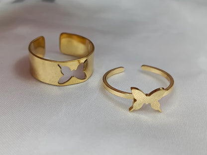 Par de Anillos Ajustables mariposas en Acero Inoxidable con Baño de Oro 18K regalos para ella