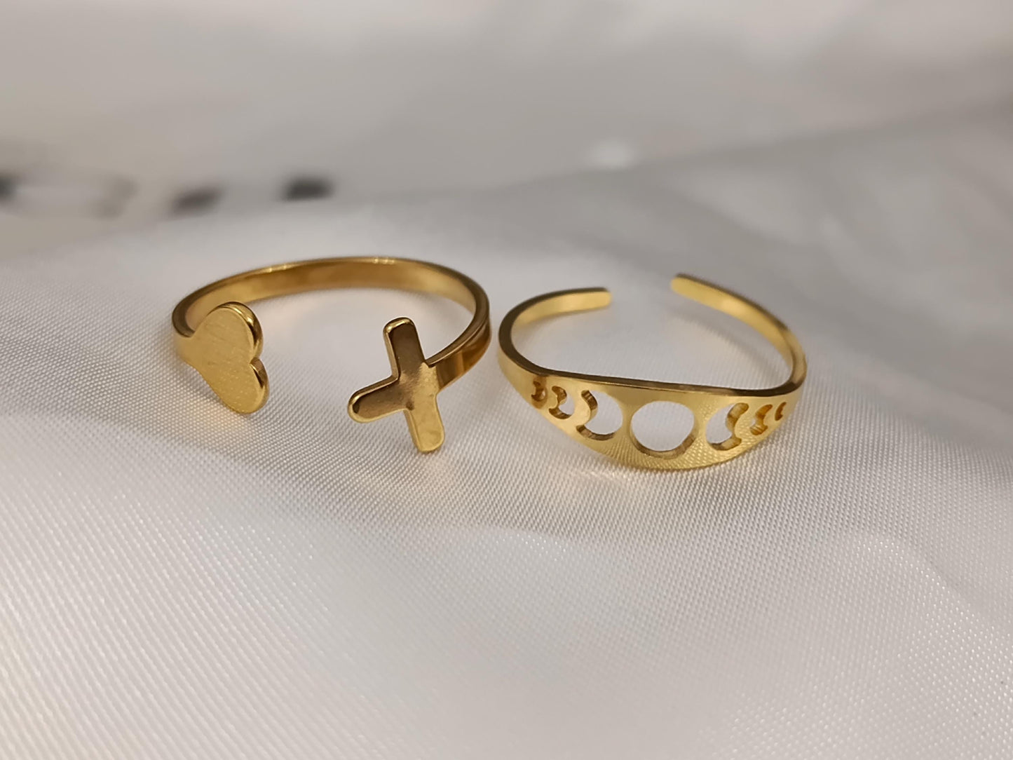 Set de Anillo Ajustable con corazón y cruz Inoxidable con Baño de Oro 18K regalos para ella