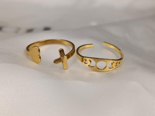 Set de Anillo Ajustable con corazón y cruz Inoxidable con Baño de Oro 18K regalos para ella