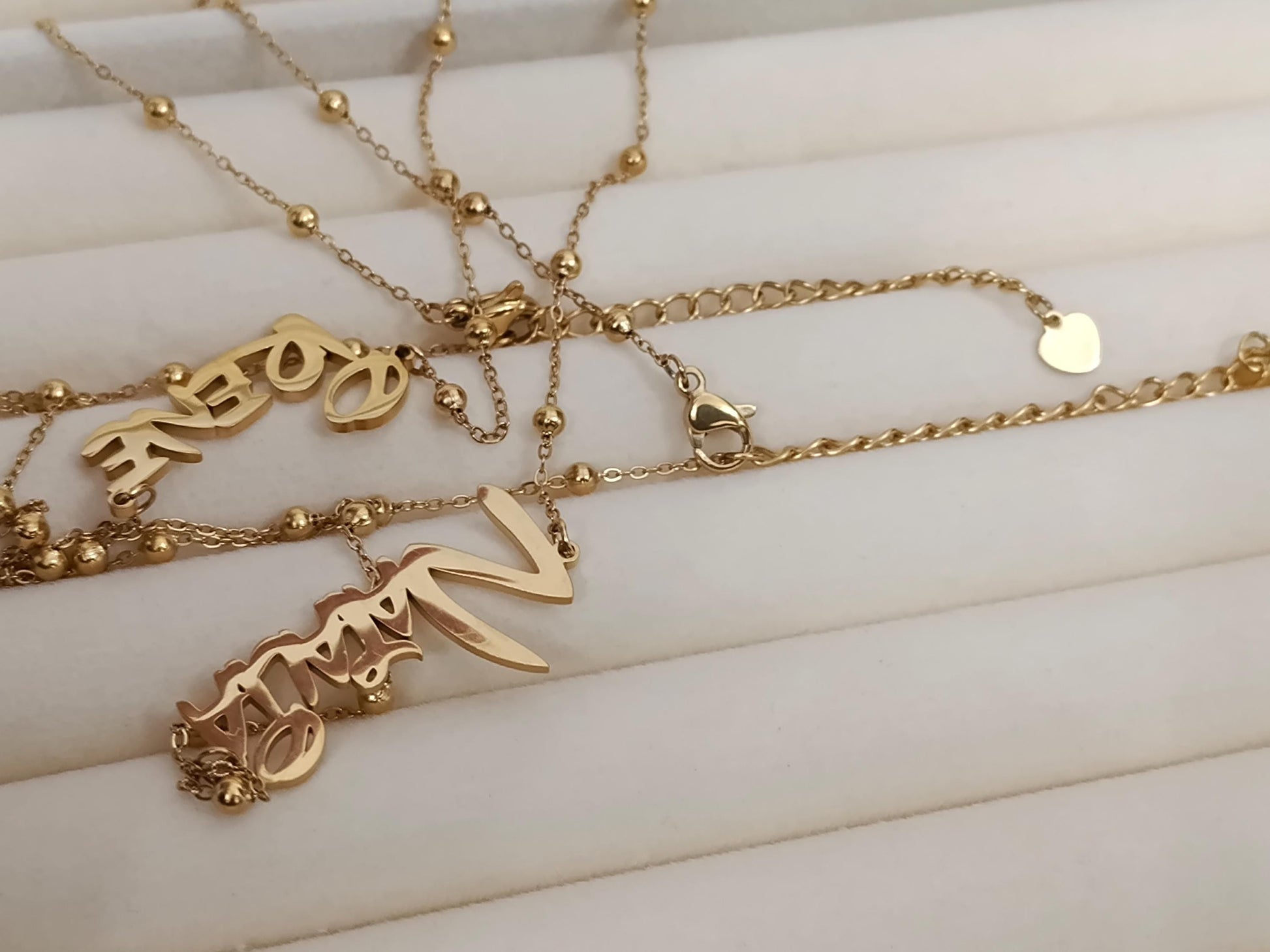 Collar de nombre personalizado con cadena de cuentas acero inoxidable oro 18K 45cm+5cm extension ajustable para mujeres