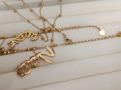 Collar de nombre personalizado con cadena de cuentas acero inoxidable oro 18K 45cm+5cm extension ajustable para mujeres