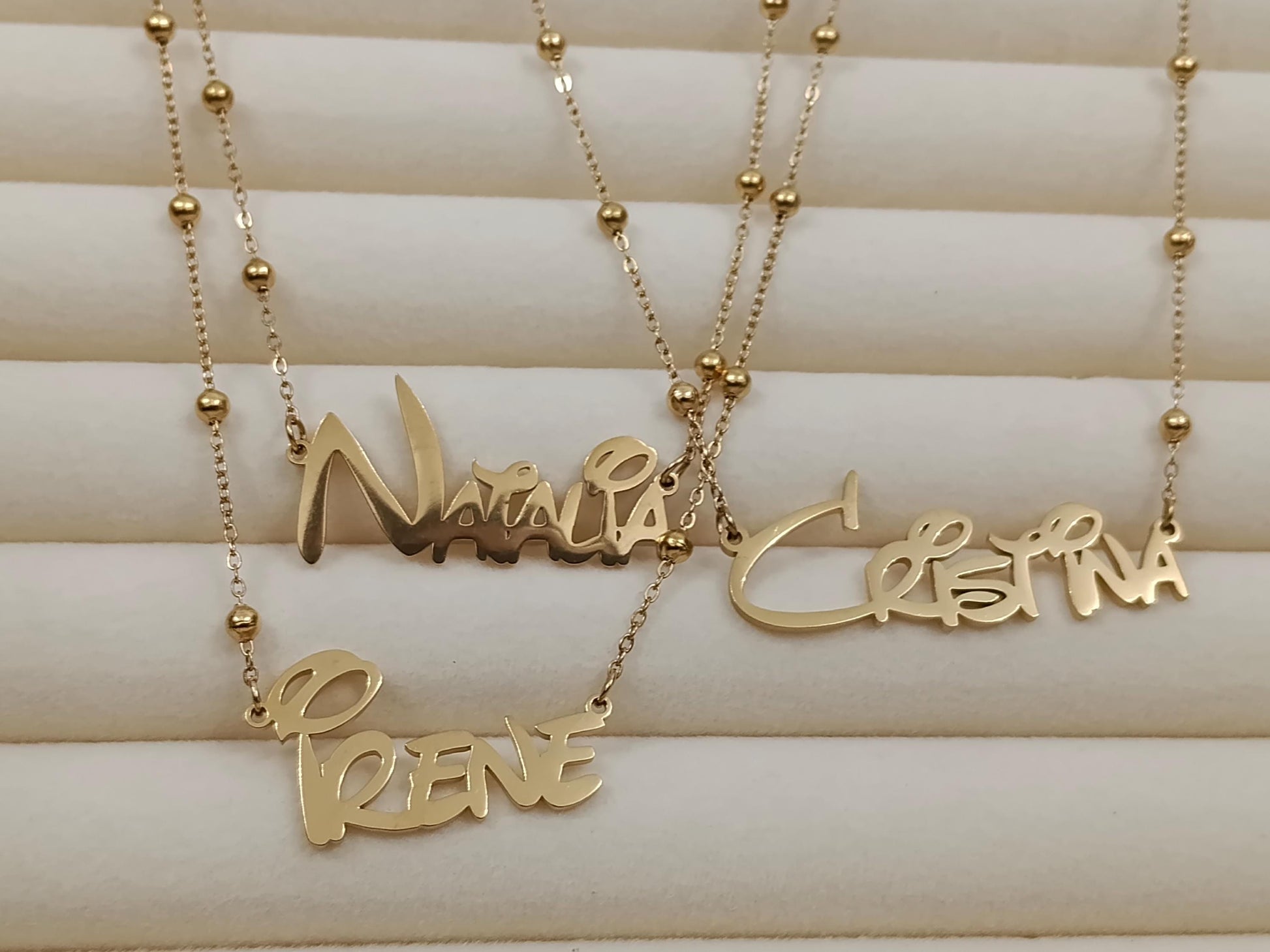 Collar de nombre personalizado con cadena de cuentas acero inoxidable oro 18K 45cm+5cm extension ajustable para mujeres