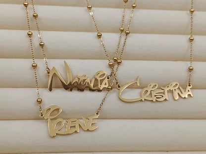 Collar de nombre personalizado con cadena de cuentas acero inoxidable oro 18K 45cm+5cm extension ajustable para mujeres