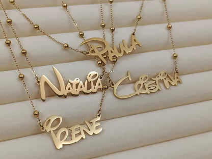 Collar de nombre personalizado con cadena de cuentas acero inoxidable oro 18K 45cm+5cm extension ajustable para mujeres