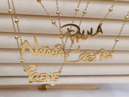 Collar de nombre personalizado con cadena de cuentas acero inoxidable oro 18K 45cm+5cm extension ajustable para mujeres