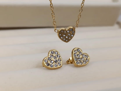 Conjunto de collar corazón circonita con pendientes a juego acero inoxidable bañado en oro 18K para mujeres
