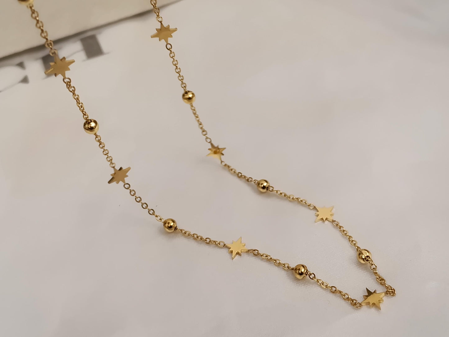 Collar con cuentas de estrellas polares con bolitas acero inoxidable oro bañado de 18K para mujeres