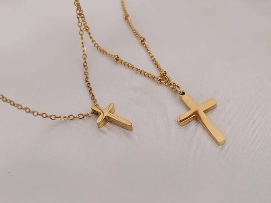 Collar cuentas de Acero Inoxidable Oro 18K colgante de Cruz Efecto Espejo para mujeres