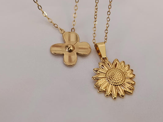 Collar con Colgante de Flor girasol en Oro 18K (PVD) - Acero Inoxidable - 16" + 2" /40cm+5cm extension para mujeres