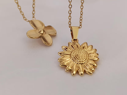 Collar con Colgante de Flor girasol en Oro 18K (PVD) - Acero Inoxidable - 16" + 2" /40cm+5cm extension para mujeres