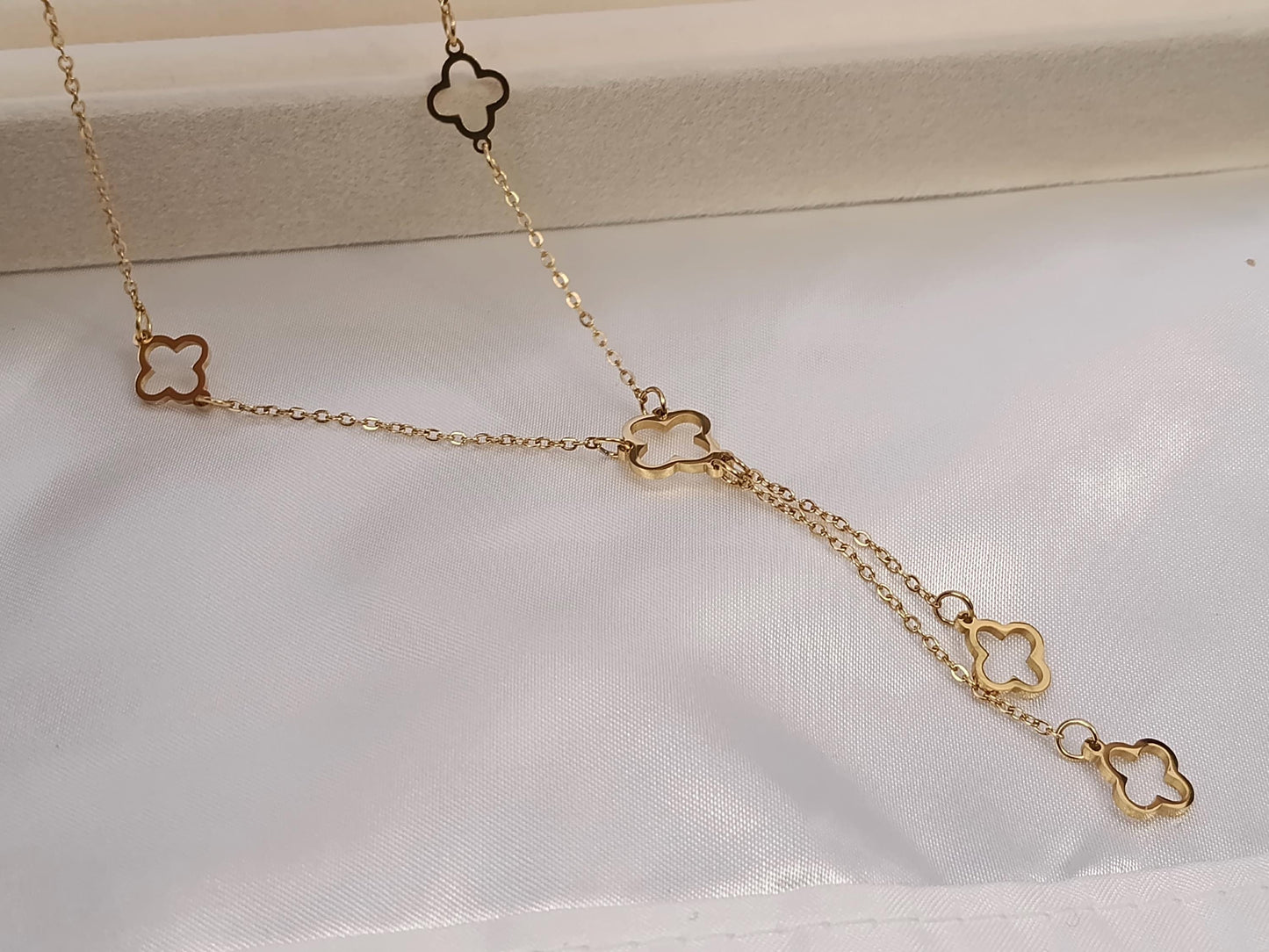 collar largo 55cm más extensión de acero con colgantes tréboles bañado en oro 18K resistente al agua collar para mujeres