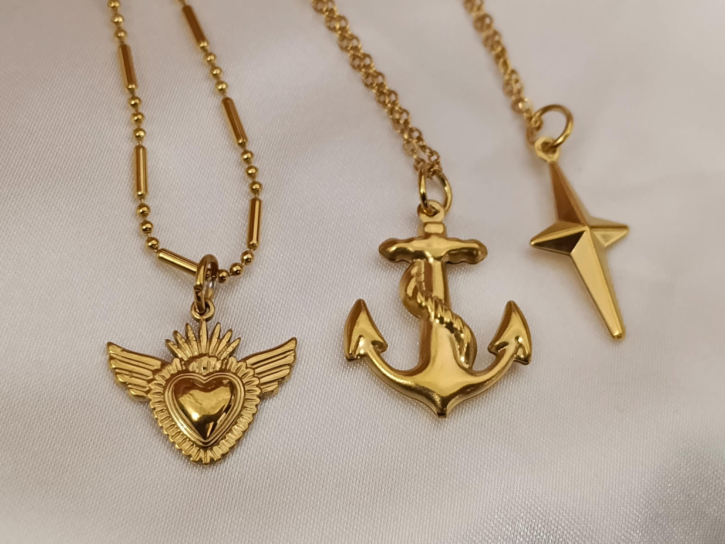 Collar con colgantes de ancla/estrella polar/corazón sagrado acero inoxidable oro bañado 18K para mujeres