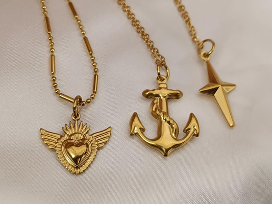 Collar con colgantes de ancla/estrella polar/corazón sagrado acero inoxidable oro bañado 18K para mujeres
