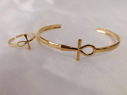 Conjunto de joyas: Brazalete y Anillo de cruz Ankh ajustables Acero Inoxidable con Baño de Oro 18K (Efecto Espejo) regalos para ella