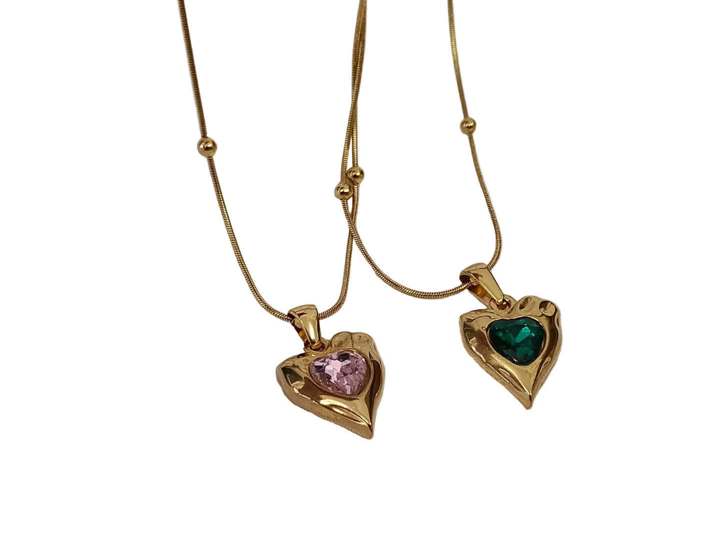 Collar de cuentas Colgantes corazones y circonitas rosas verdes en Oro 18K (PVD) - 16" + 2" /40cm +5cm extensión Ajustable para mujeres