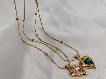 Collar de cuentas Colgantes corazones y circonitas rosas verdes en Oro 18K (PVD) - 16" + 2" /40cm +5cm extensión Ajustable para mujeres