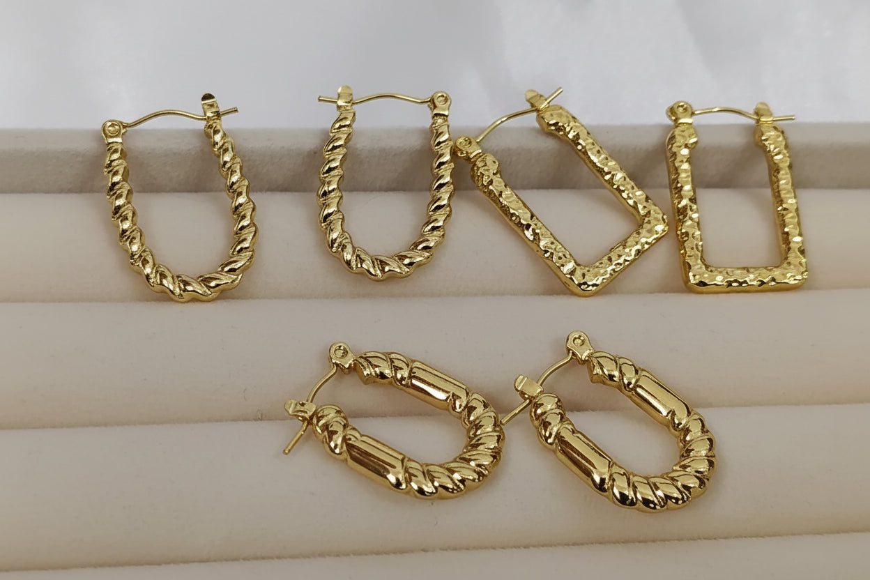 Pendientes de Aro trenzas Estilo Italiano Oro 18K - Acero Inoxidable, de forma U rectangular regalo para ella