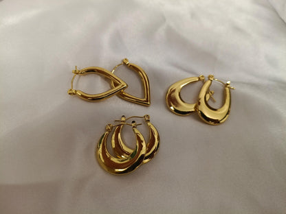 Pendientes de aros Rectangulares, corazón, ovalado, pulidos en Acero Inoxidable con Baño de Oro 18K regalo para ella